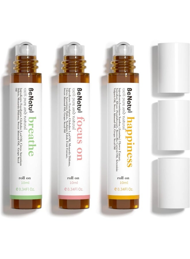 Benatu Essential Oil Blends Set (Breathe, Focus on, Happiness), Natural Aromatherapy Roll On for Massage, Body Skin Care, Home - Revive Fragrance Gift Roller for Women and Men - Image 1